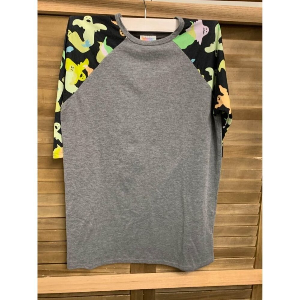 Lularoe Halloween Ghost Print Raglan T Shirt Youth Size 14 Gray Halloween Y4
